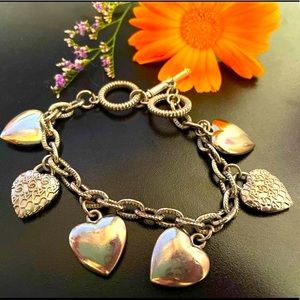 Silver Tone Multiple Hearts Toggle Link Bracelet
